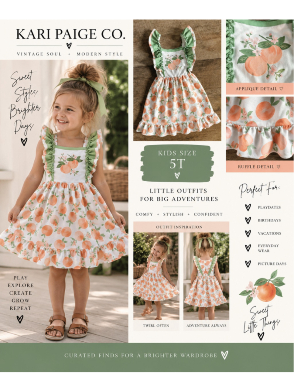Girls boutique Casual Dress Size 5 White Orange Peach Print F26